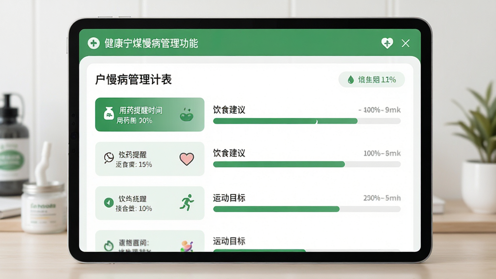 健康宁煤慢病管理功能界面,展示用户慢病管理计划列表,包含用药提醒时间、饮食建议、运动目标等,界面采用绿色与白色配色,进度条清晰,风格健康向上,画质干净,无多余元素