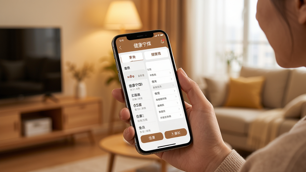 健康宁煤手机使用场景图,用户手持手机打开健康宁煤APP,屏幕显示健康档案界面,背景为家庭环境,暖色调,画质清晰,突出APP界面,无多余元素