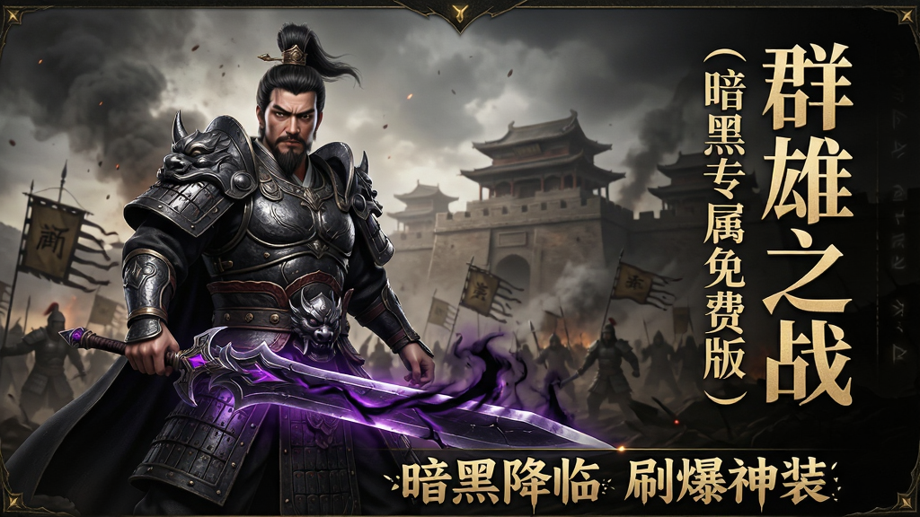 主体:游戏宣传海报,画面中央是身着暗黑风格铠甲的三国名将,手持散发紫黑光芒的神兵利器,背后是硝烟弥漫的古战场与巍峨城池。布局:主视觉居左,右侧为游戏名称“群雄之战(暗黑专属免费版)”的竖排大字,底部配有“暗黑降临 刷爆神装”标语。排版:采用经典暗黑系UI设计,整体色调以暗金与墨黑为主,细节处有碎裂的符文光效。风格:写实CG级画质,光影层次分明,强调金属质感与黑暗氛围。细节:画面干净,无多余元素,突出史诗感与战斗张力。画质:8K超清,细节纹理丰富,干净无噪点。