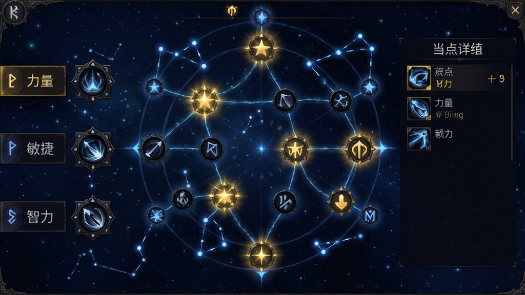 主体:游戏内天赋星盘界面截图,以暗蓝色星空为背景,无数光点连接形成复杂的星座图谱,其中几个关键节点被点亮并散发金色光芒。布局:界面中央展示天赋树全貌,左侧有“力量、敏捷、智力”三大分类标签,右侧显示当前加点详情。排版:UI排列清晰,技能图标为暗黑风格,边缘有华丽的符文装饰。风格:神秘且深邃的星象主题,与暗黑美术风格统一。细节:画面干净,突出天赋节点的视觉反馈,无多余UI干扰。画质:高清晰度,色彩饱和度高,光效自然。