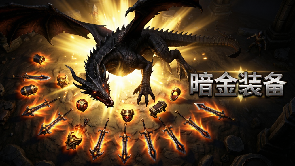 主体:游戏内打宝场景,一只巨大的暗黑魔龙BOSS轰然倒地,爆发出漫天金光,地面散落着多件散发着橙红色光芒的暗金装备与武器。布局:装备掉落物呈扇形铺开,视角采用俯视45度角,完美展示战利品。排版:画面右侧有“暗金装备”掉落提示字样,字体为带有金属质感的艺术字。风格:暗黑写实风,强调爆发的光效与装备的质感。细节:装备模型精细,光晕效果震撼,画面干净无其他杂兵。画质:高动态范围光照,细节毕现,无多余元素。