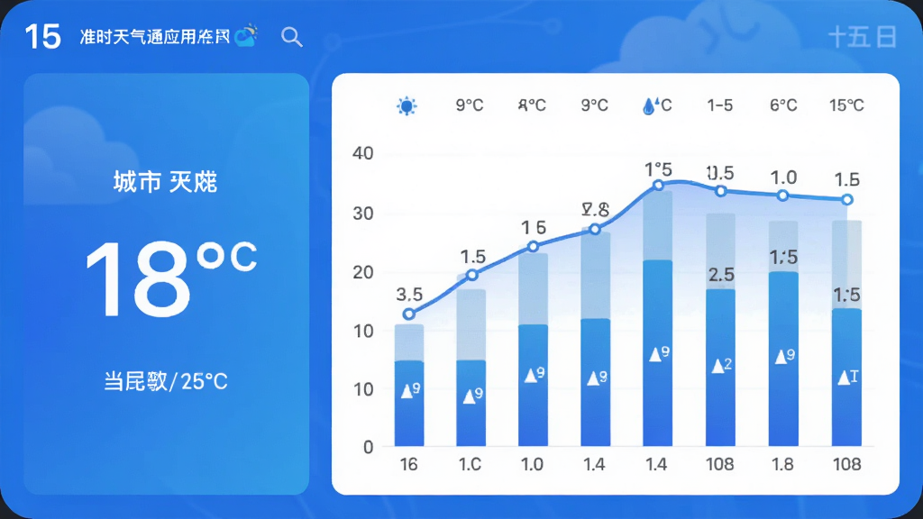 主体为15日准时天气通应用的气象数据展示界面,左侧显示城市名称和当前温度,右侧为十五日预报柱状图。布局采用左右对称,配色以蓝色渐变为主,风格科技感十足。细节部分用折线图展示温度变化趋势,柱状图表示降水量,画质清晰,无多余元素。
