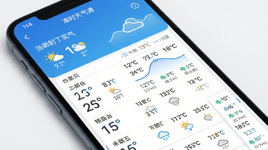主体为手机屏幕展示15日准时天气通应用界面,屏幕上清晰显示未来十五天天气预报列表,包含日期、天气图标、温度曲线和降水概率。布局采用上下分层,上方为当前天气实况,下方为十五天预报滚动列表。排版简洁明了,信息排列整齐,采用蓝白配色,风格清新简约。细节部分突出温度数字和天气图标,画质高清,干净无多余元素。