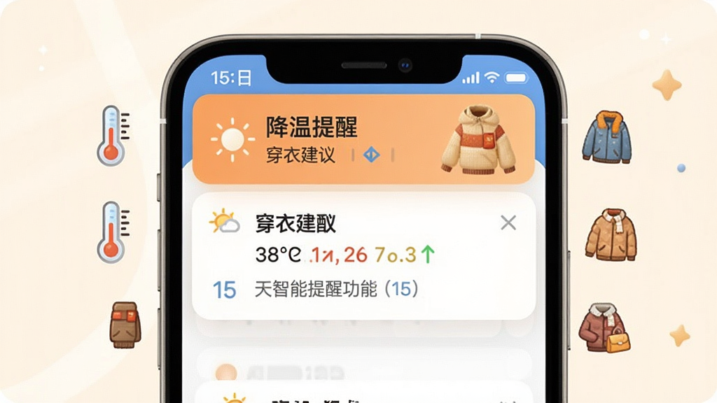 主体为15日准时天气通智能提醒功能界面,手机顶部弹出天气预警通知卡片,卡片上显示“降温提醒”和“穿衣建议”字样。布局以通知卡片为中心,周围有温度计、衣物等小图标点缀。排版采用卡片式设计,风格温馨实用,细节部分有温度变化箭头和提示文字,画质干净,无多余元素。