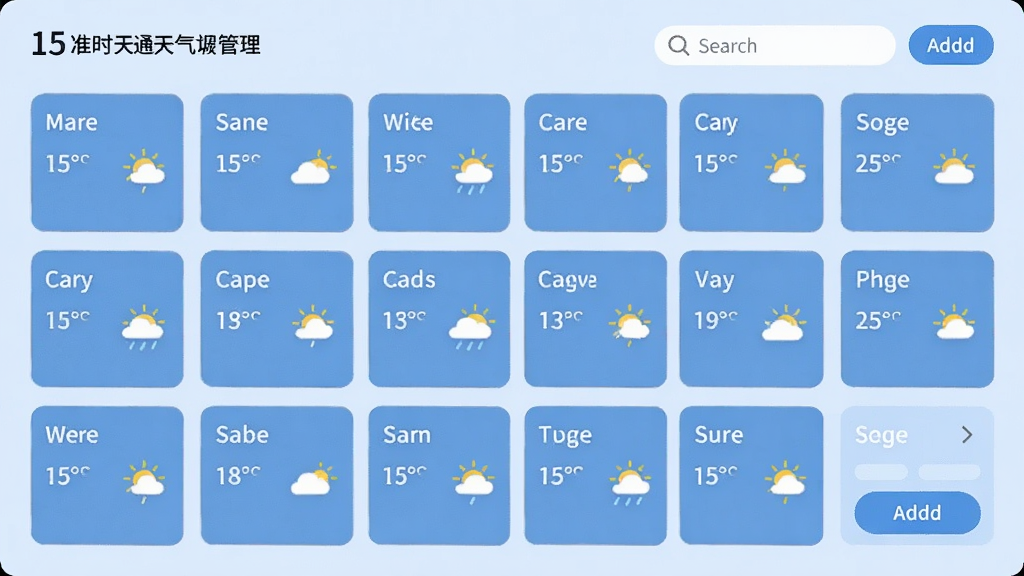 主体为15日准时天气通多城市管理界面,屏幕显示多个城市卡片,每个卡片上有城市名称、当前温度和天气图标。布局采用网格排列,卡片大小均匀,背景为淡蓝色。排版整齐有序,风格简洁明快,细节部分有城市搜索框和添加按钮,画质清晰,无多余元素。