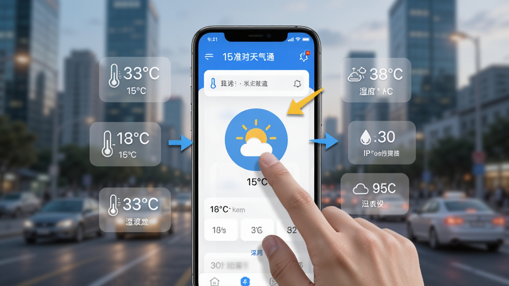 主体为手机操作15日准时天气通的场景,手指点击屏幕上的天气图标,周围有温度、湿度等数据悬浮。布局以手机为中心,背景为模糊的城市景观。排版清晰,主体突出,风格现代,细节部分有应用界面截图和操作提示箭头,画质干净,无多余元素。