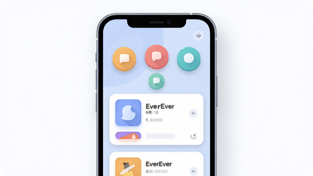 EverEver应用主界面预览图,主体为手机屏幕展示,屏幕内显示色彩鲜艳的圆形功能按钮和卡片式内容列表,布局简洁明快,排版采用居中对称设计,风格为扁平化插画风,细节包含柔和阴影与圆角元素,画质高清干净,无多余元素