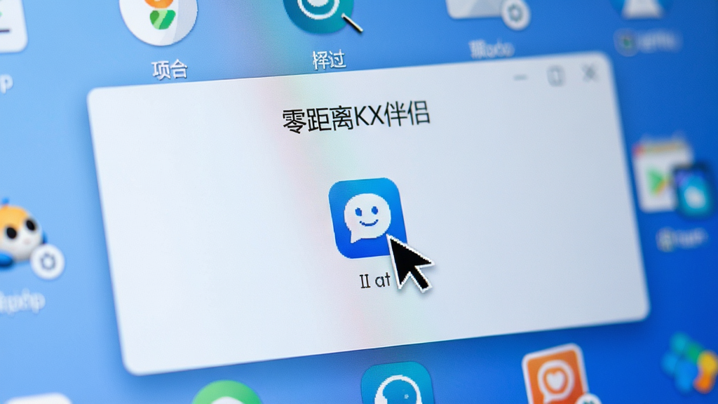 特写镜头拍摄电脑屏幕上的“零距离KX伴侣”快捷启动界面,鼠标指针正悬停于一个应用程序图标上,周围是排列整齐的常用软件快捷方式,背景为柔和的渐变蓝色,界面设计简约现代,细节清晰,画质细腻。