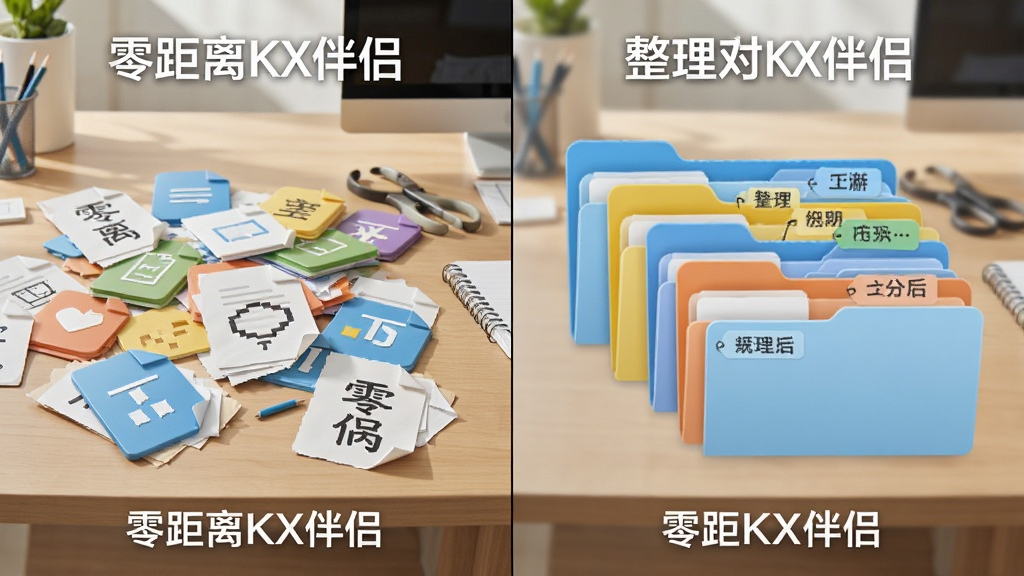 展示“零距离KX伴侣”智能整理功能的对比图,左侧是杂乱的文件图标散落在桌面上,右侧是整理后分类明确、标签清晰的文件夹结构,画面采用分屏布局,风格简洁直观,色彩明亮,画质清晰。