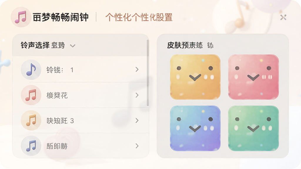梦畅闹钟个性化设置面板,主体为铃声选择列表与皮肤预览图,布局上下排列,排版简洁,风格柔和,细节包括音乐符号图标和彩色主题色块,画质细腻,干净无多余元素