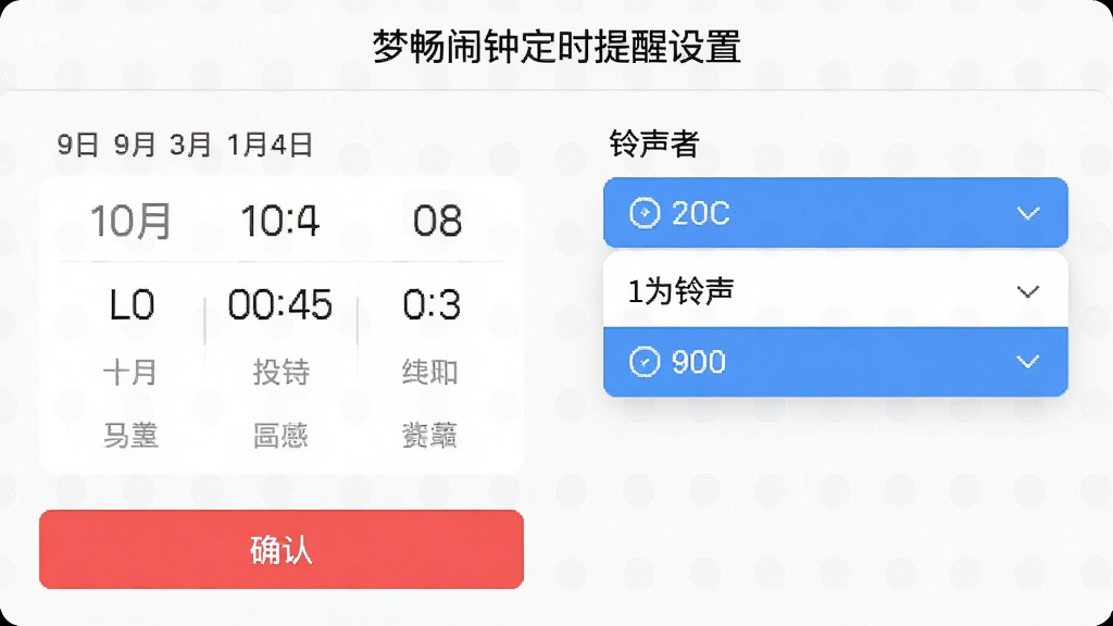 梦畅闹钟定时提醒设置界面,主体为日期时间选择器与铃声下拉菜单,布局左右分布,排版规整,风格清爽,细节包括红色确认按钮和蓝色高亮选项,画质清晰,干净无多余元素