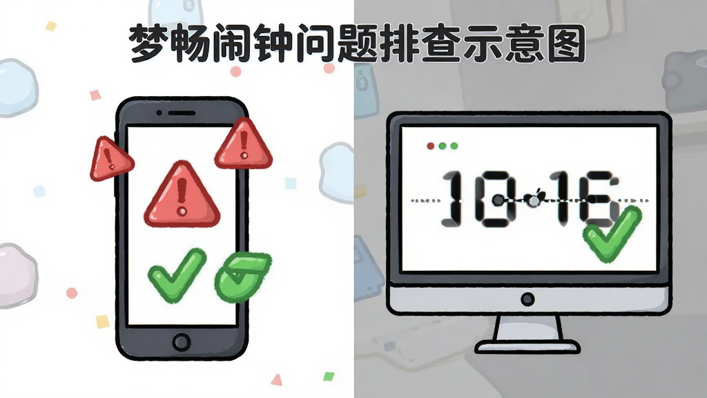 梦畅闹钟问题排查示意图,主体为手机与电脑并排显示,布局左右对比,排版直观,风格卡通,细节包括红色警告符号和绿色对勾,画质清晰,干净无多余元素