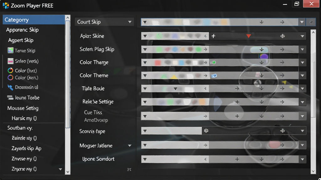 Zoom Player FREE 自定义设置界面,左侧为分类导航菜单,右侧展示丰富的设置选项,包括外观皮肤、颜色主题、快捷键设置、鼠标手势等,窗口风格现代,布局规整,字体清晰,画质清晰,干净,无多余元素