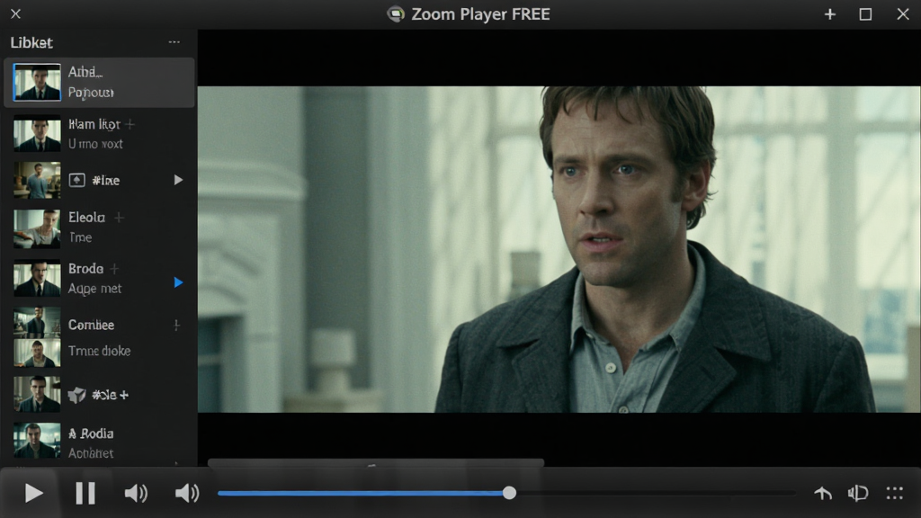 Zoom Player FREE 媒体播放器主界面截图,深色主题风格,界面中央显示高清电影画面,底部是半透明的播放控制栏,包含播放、暂停、音量、进度条等控制按钮,左侧是媒体库列表。整体布局清晰,现代感强,画质清晰,干净,无多余元素