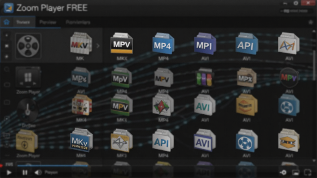 Zoom Player FREE 播放不同视频格式的预览画面,画面中展示一个视频文件列表,包含MKV、MP4、AVI等图标,背景为播放器主界面的模糊效果,前景突出显示各种格式的视频文件图标,现代感设计,画质清晰,干净,无多余元素
