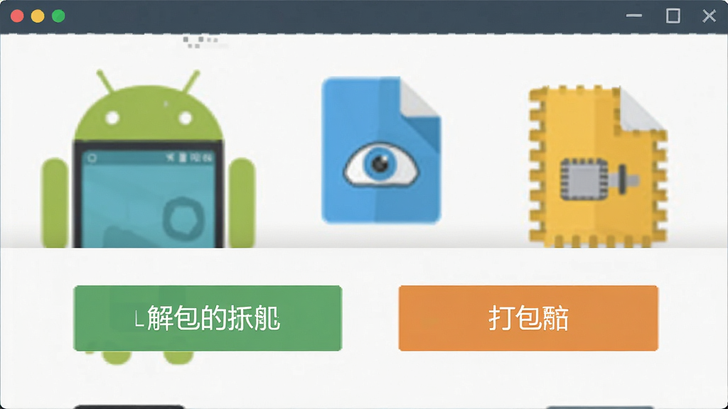 ROM助手解包打包功能示意图,展示软件界面中解包与打包的操作按钮,背景为安卓设备与ROM文件图标,风格扁平化,细节清晰,画面干净无多余元素,画质高清