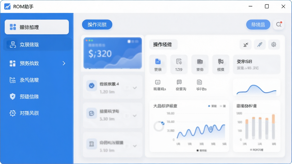 ROM助手主界面预览图,展示软件功能布局,左侧功能列表,右侧操作区域,整体风格简洁现代,色调以蓝白为主,界面干净无多余元素,画质高清