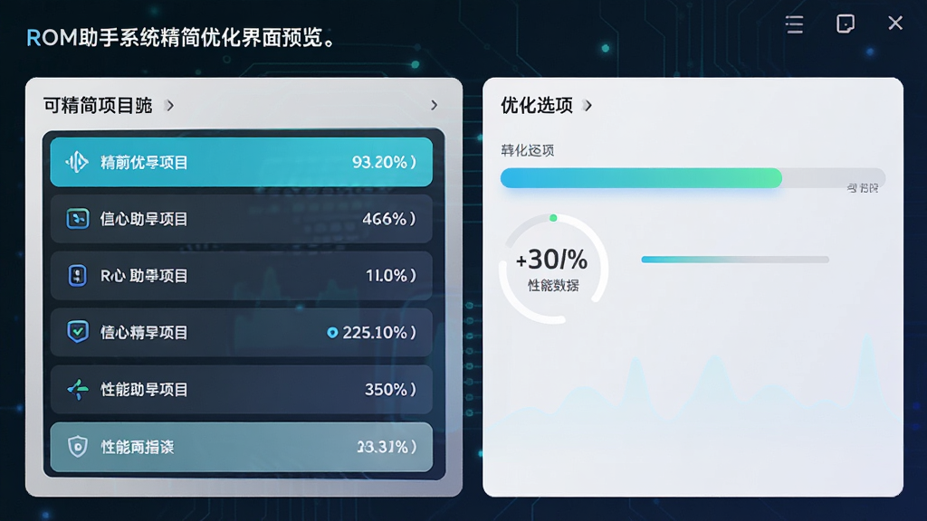 ROM助手系统精简优化界面预览,显示可精简项目列表与优化选项,界面带有进度条和性能提升数据,风格科技感,色调清新,画质高清,无多余元素
