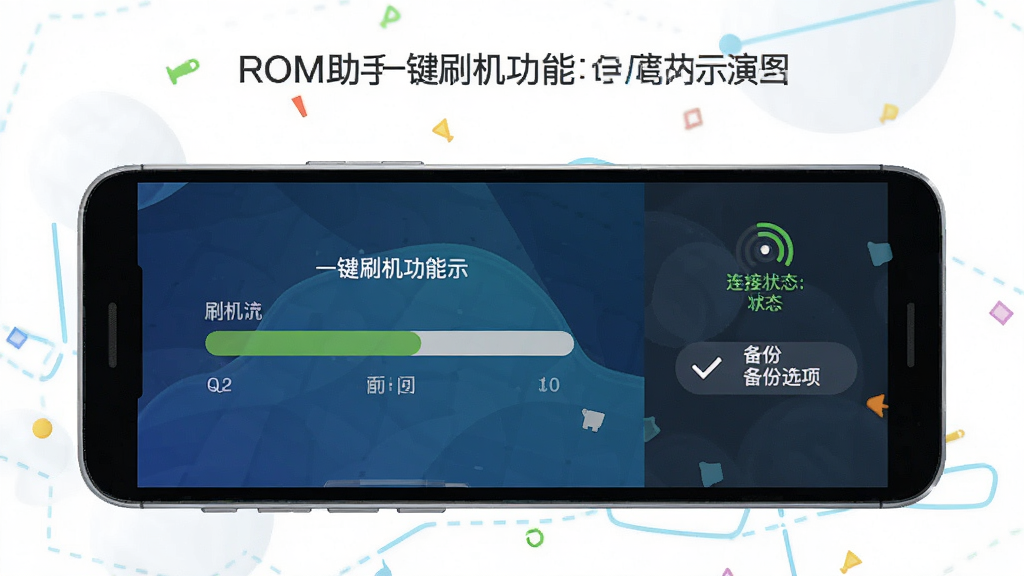 ROM助手一键刷机功能演示图,展示刷机进度界面与备份选项,界面带有手机连接状态,风格简洁,色彩明亮,画质干净,无多余元素
