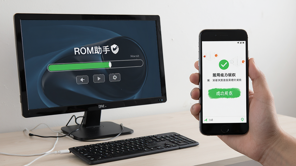 ROM助手使用操作示意图,展示电脑与手机连接刷机场景,界面显示进度条与成功提示,风格写实,细节丰富,画质干净,无多余元素