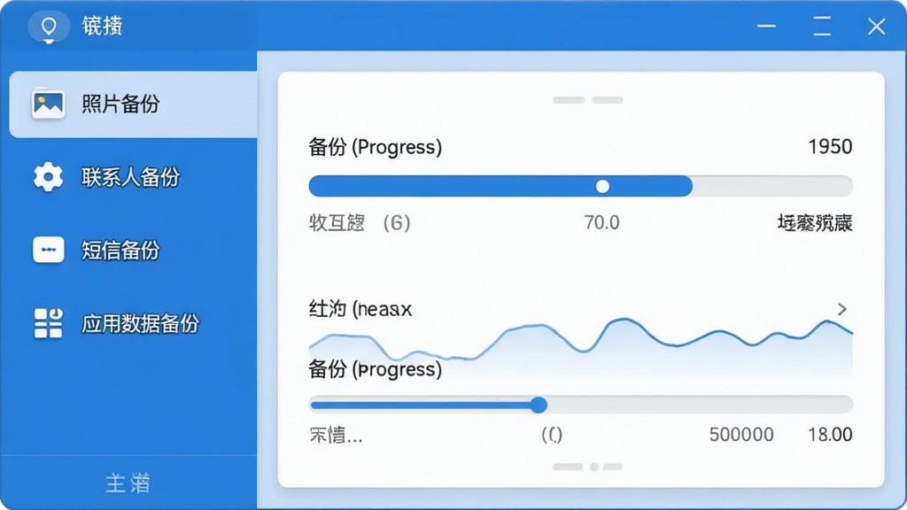 超级备份软件主界面预览图,展示简洁的蓝色调操作面板,左侧功能列表包含照片备份、联系人备份、短信备份、应用数据备份等选项,中央区域显示备份进度条与统计信息,整体风格现代清爽,界面布局规整,图标清晰,画质高清,干净无多余元素