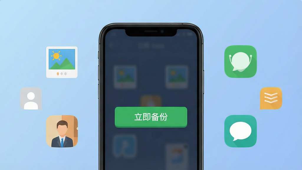 超级备份一键备份操作演示图,画面中央为手机屏幕,屏幕上显示“立即备份”绿色按钮,周围环绕着照片、联系人、短信等数据图标,背景为柔和的蓝色渐变,整体风格扁平化,图标设计简洁,画质清晰,干净无多余元素