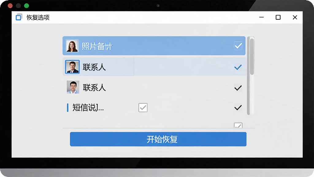 超级备份差异恢复功能示意图,电脑屏幕显示恢复选项列表,包括照片、联系人、短信等,每一项旁有复选框,底部有“开始恢复”按钮,界面以浅灰色为主色调,搭配蓝色高亮元素,整体风格简洁专业,画质清晰,干净无多余元素