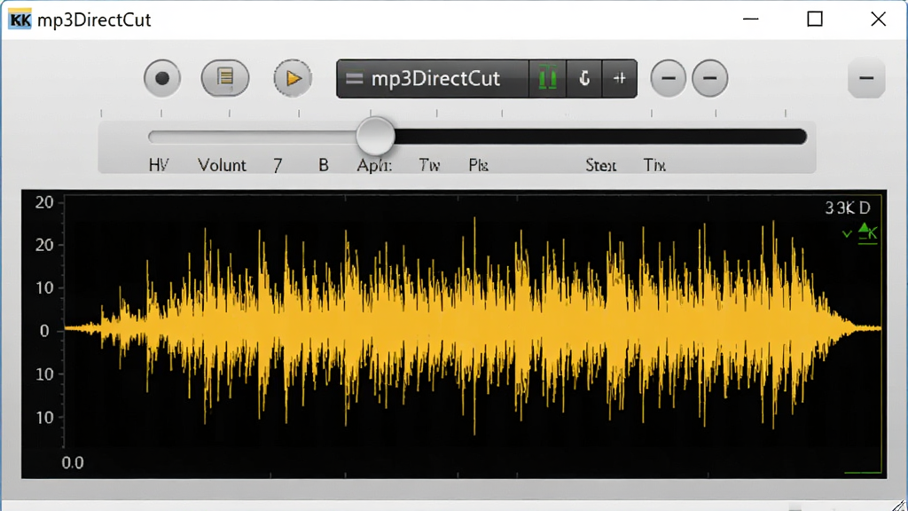 mp3DirectCut音量调节操作界面,显示音量增益滑块和波形图,界面简洁,专业音频软件风格,8K分辨率,干净无多余元素