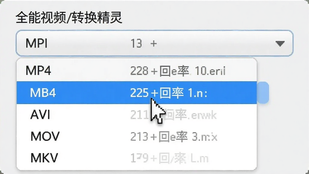 全能视频转换精灵格式选择界面,下拉菜单中显示MP4、AVI、MOV、MKV等多种格式选项,鼠标悬停在MP4选项上,背景为浅灰色,界面清晰标注格式名称与分辨率信息,干净简洁风格