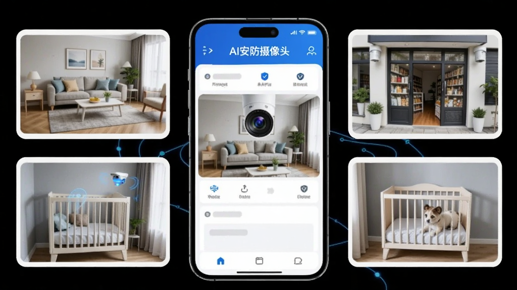 画面中央展示一部智能手机,屏幕中显示AI安防摄像头的实时监控界面,界面清晰标注“AI安防摄像头”字样,周围环绕家庭客厅、商铺门口、婴儿床等安防场景缩略图,整体风格现代简洁,配色以蓝白为主,体现科技感与安全感,高清画质,干净无多余元素