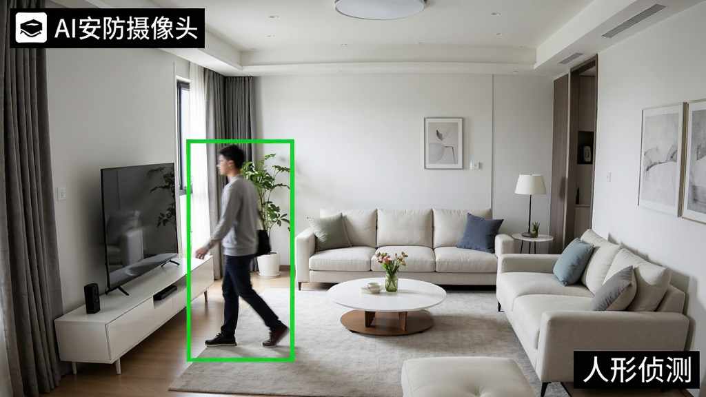 一个现代客厅的监控画面截图,画面中一个行人被绿色框标记,屏幕角落显示“AI安防摄像头”的LOGO和“人形侦测”字样,背景清晰,光线明亮,画质细腻,布局合理,干净无多余元素