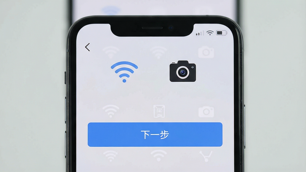 一张智能手机连接AI安防摄像头的设置页面截图,屏幕上有Wi-Fi图标和摄像头图标,下方有“下一步”按钮,背景为浅灰色,界面清晰,布局整洁,干净无多余元素