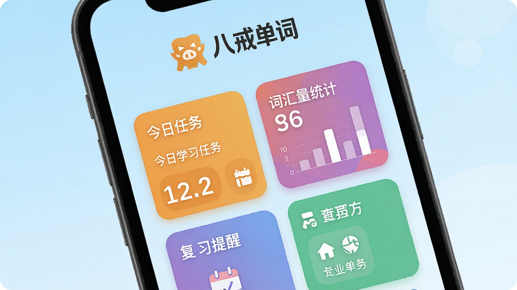 主体为一部智能手机屏幕展示八戒单词APP主界面,界面顶部显示“八戒单词”品牌标识,中间以多彩卡片形式排列今日学习任务、词汇量统计、复习提醒等功能模块,背景为淡蓝色渐变,整体风格清新简洁,扁平化设计,UI布局合理,文字清晰,画质干净,无多余元素