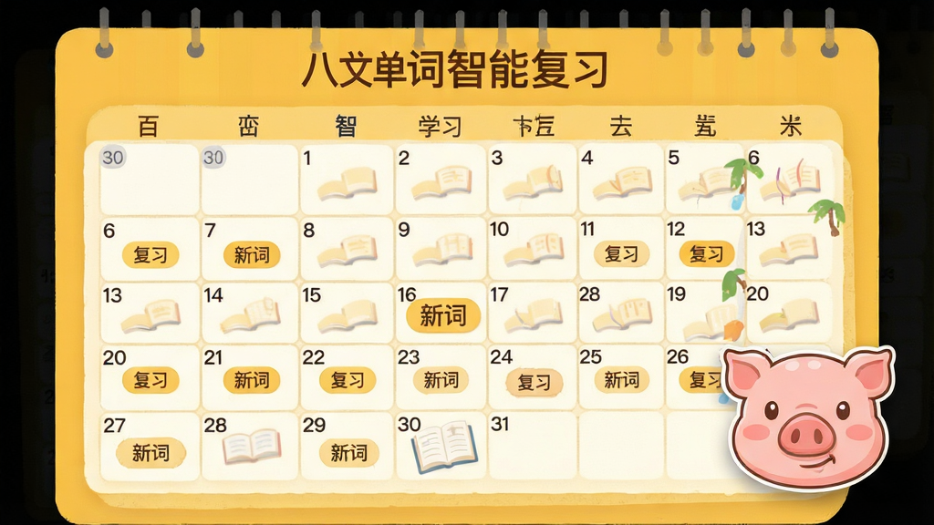 一张展示八戒单词智能复习界面的设计图,画面中央是一个日历样式的学习计划表,日期格内标注“复习”、“新词”等标签,右下角悬浮一个卡通猪头图标,整体色调以暖黄色为主,扁平化插画风格,布局清晰,细节丰富,画质干净,无多余元素