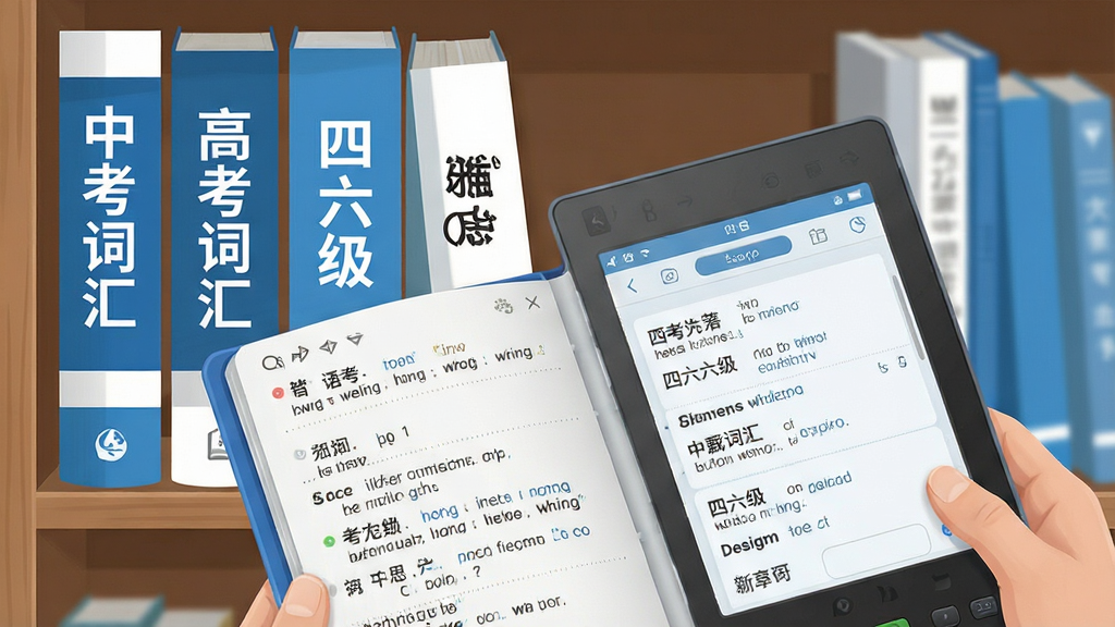 展示八戒单词词书选择界面的插画,画面中有一排书架,每本书的书脊上分别标注“中考词汇”“高考词汇”“四六级”“雅思”等字样,前景是一本打开的电子词典,屏幕显示单词详情页,风格为写实与扁平结合,主色调为蓝色和白色,布局错落有致,细节精致,画质清晰,无多余元素