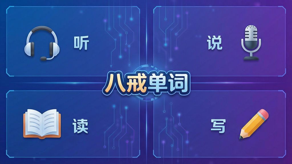一张展示八戒单词听说读写训练界面的示意图,画面分为四个象限,分别标注“听”“说”“读”“写”,每个象限内有对应的图标,如耳机、麦克风、书本、铅笔,中央是“八戒单词”的Logo,整体风格科技感十足,蓝紫色渐变背景,布局规整,细节丰富,画质清晰,无多余元素