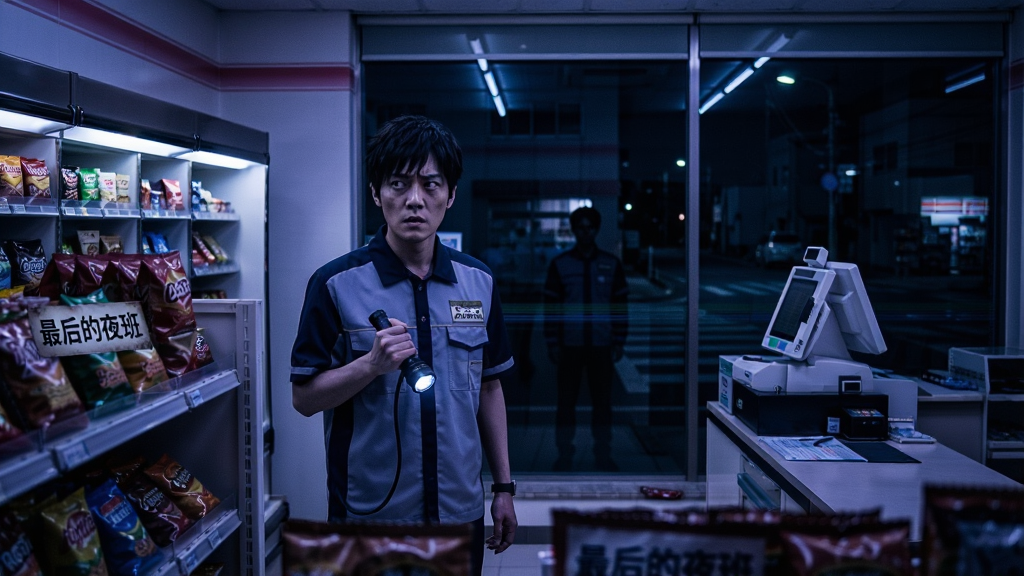 主体:一名穿着便利店制服的主角站在深夜便利店内,货架整齐,灯光昏暗,窗外夜色深沉,货架尽头有隐约的人影。布局:主角位于画面中央偏左,右侧是收银台,背景是玻璃窗外的街景。排版:采用电影感构图,前景有商品货架作为框架,中景是主角,远景是窗外夜景。风格:写实风格,带有一丝恐怖氛围,色调偏冷,蓝色和紫色为主。细节:商品标签上的文字“最后的夜班”清晰可见,主角手持手电筒,表情警惕。画质:高清,细节丰富,画面干净,无多余元素。