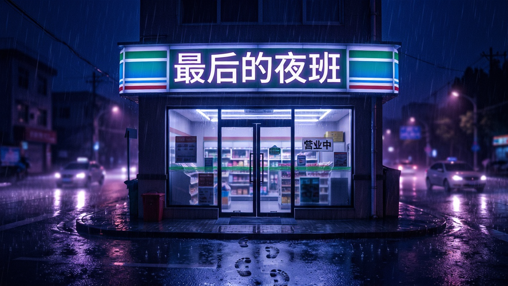 主体:便利店外景,暴雨倾盆,霓虹灯招牌“最后的夜班”在雨中闪烁。布局:便利店位于画面中央,门前的街道积水反射灯光,远处有模糊的车灯。排版:广角镜头,强调环境氛围。风格:写实风格,色彩以蓝紫色调为主,雨滴清晰可见。细节:招牌上的文字“最后的夜班”发光,门口有湿漉漉的脚印,玻璃门上贴着“营业中”的牌子。画质:高清,雨景细腻,画面干净,无多余元素。