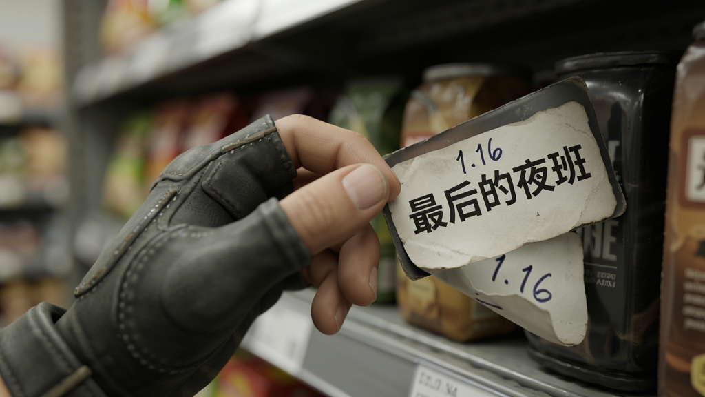 主体:游戏主角的手部特写,正在检查货架上的一件商品,商品标签上写着“最后的夜班”。布局:手部位于画面中央,商品占据右侧,背景是模糊的货架。排版:微距特写镜头,突出物品细节。风格:写实风格,光线柔和,焦点清晰。细节:手指轻轻翻开商品标签,标签背面有手写数字“1.16”,背景中隐约可见其他商品。画质:高清,画面干净,无多余元素。