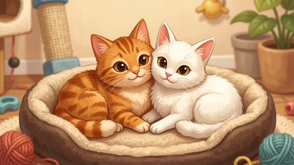 主体:一只橘猫和一只白猫相互依偎在柔软的猫窝中,周围有毛线球和猫抓板。布局:双猫居中,猫窝位于画面下方,背景是温馨的猫咪房间。排版:画面温馨,主体突出。风格:清新手绘卡通,暖色调,柔和光线。细节:猫咪毛发细腻,眼神温柔,周围有玩具和绿植。画质:高清细腻,画面干净无多余元素。