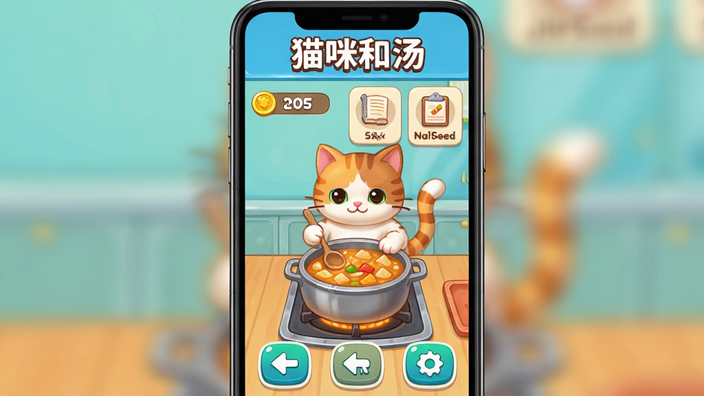 主体:手机屏幕显示《猫咪和汤》游戏主界面,有猫咪和汤锅,周围有操作按钮。布局:手机竖屏居中,界面清晰可见。排版:界面整洁,按钮清晰。风格:真实手机截图风格,色彩明亮。细节:屏幕中显示金币数量、食谱图标,猫咪正在烹饪。画质:高清,画面干净无多余元素。