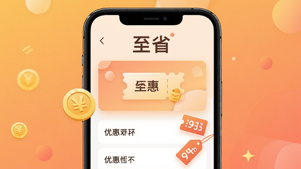 至省生活优惠App主视觉图,主体为智能手机屏幕展示至省界面,上方显示“至省”字样与优惠券图标,背景为暖色渐变,布局居中,排版简洁,风格现代扁平,细节包含金币与折扣标签元素,画质高清干净无多余元素