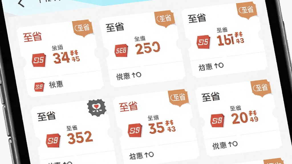 至省优惠聚合界面展示,主体为手机界面,呈现多个优惠券卡片排列,每张卡片标注“至省”与折扣数字,布局网格状,排版整齐,风格清新,细节包含店铺logo与倒计时标签,画质干净无多余元素