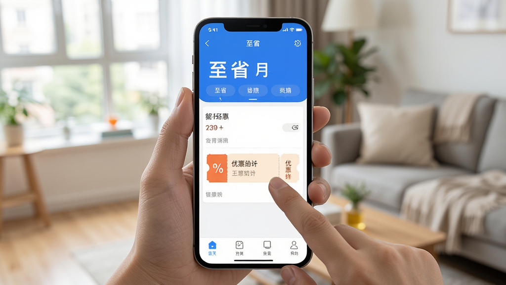 至省使用教程场景图,主体为一部手机握在手中,屏幕显示至省应用主界面,背景为日常生活场景,布局居中构图,排版自然,风格写实,细节包含手指点击优惠券动作,画质干净无多余元素
