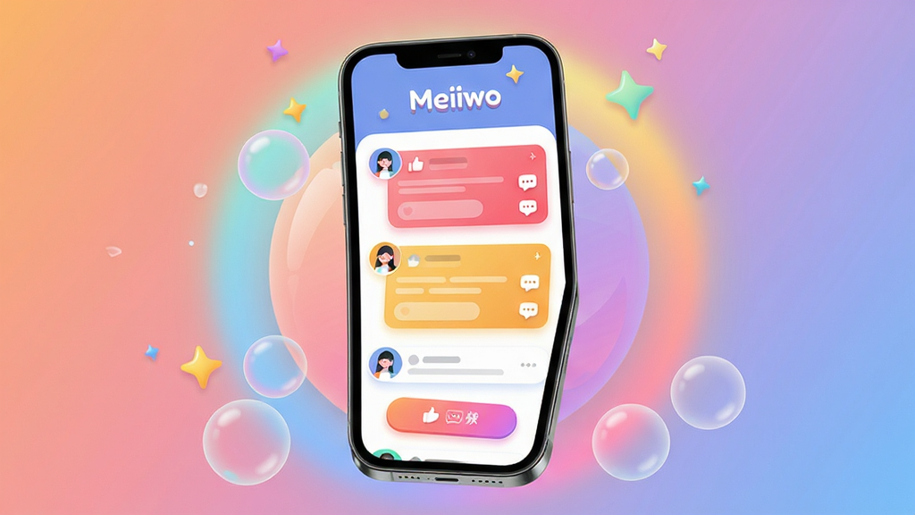 主体:Meiiwo应用主界面展示,手机屏幕内显示色彩鲜艳的社交动态流与互动按钮,上方有“Meiiwo”字样;布局:居中构图,手机略微倾斜,界面内容清晰可见,周围有柔和的渐变光晕;排版:界面元素排列有序,图标圆润,信息层级分明;风格:现代扁平化设计,结合微拟物细节,整体明亮活泼;细节:动态卡片带有点赞、评论图标,背景有抽象气泡与星星装饰;画质:高清渲染,干净,无多余元素