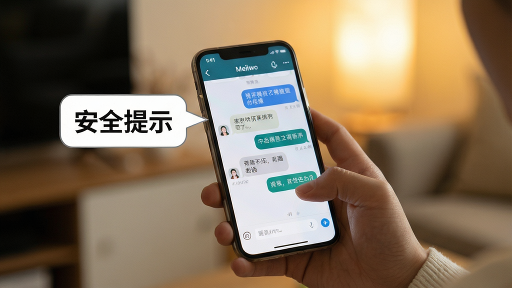 主体:用户手持手机使用Meiiwo,屏幕显示聊天界面,旁边有“安全提示”气泡;布局:手部特写,手机位于中心,背景虚化;排版:文字气泡清晰,提示框醒目;风格:写实摄影风格,光线柔和;细节:手机屏幕有消息气泡,背景为室内暖光;画质:高清,干净,无多余元素