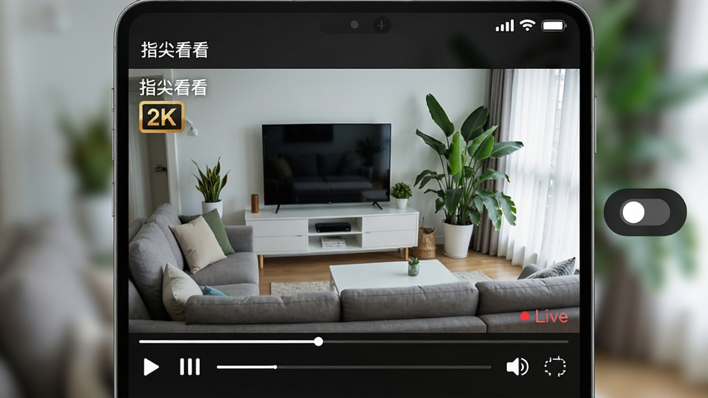 主体:指尖看看APP的视频播放界面,展示高清画质下的室内监控画面,画面中有沙发、电视和绿植。布局:界面以视频画面为主,底部有播放控制栏,右侧有清晰度切换按钮。排版:APP界面风格,顶部有设备名称和信号强度图标。风格:真实场景截图风格,色彩自然。细节:画面左上角显示“指尖看看”字样和“2K”清晰度标识,画面右下角有“Live”红点。画质:超清细腻,干净无多余元素。