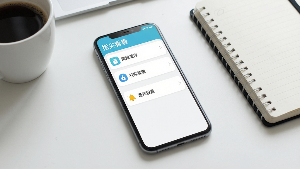 主体:一部智能手机平放在桌面上,屏幕显示指尖看看APP的设置界面,包含“清除缓存”、“权限管理”、“通知设置”等选项。布局:手机居中,背景为简洁的办公桌面,旁边有一杯咖啡和笔记本。排版:APP界面风格,清晰展示设置菜单项。风格:写实商务风,色调淡雅。细节:屏幕左上角有“指尖看看”字样,设置项图标清晰可辨。画质:高清,干净无多余元素。