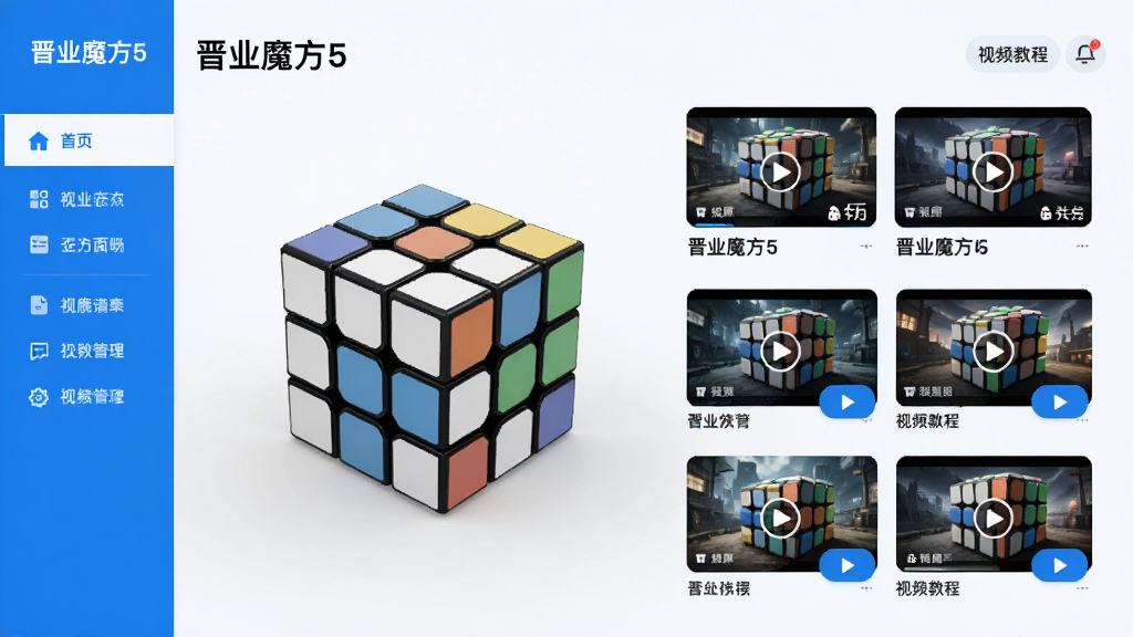 晋业魔方5主界面预览图,展示魔方3D模型与视频教程列表,界面简洁明亮,蓝白配色,左侧为功能导航栏,右侧为教程封面与播放按钮,整体布局清晰,风格现代,画质细腻,干净无多余元素