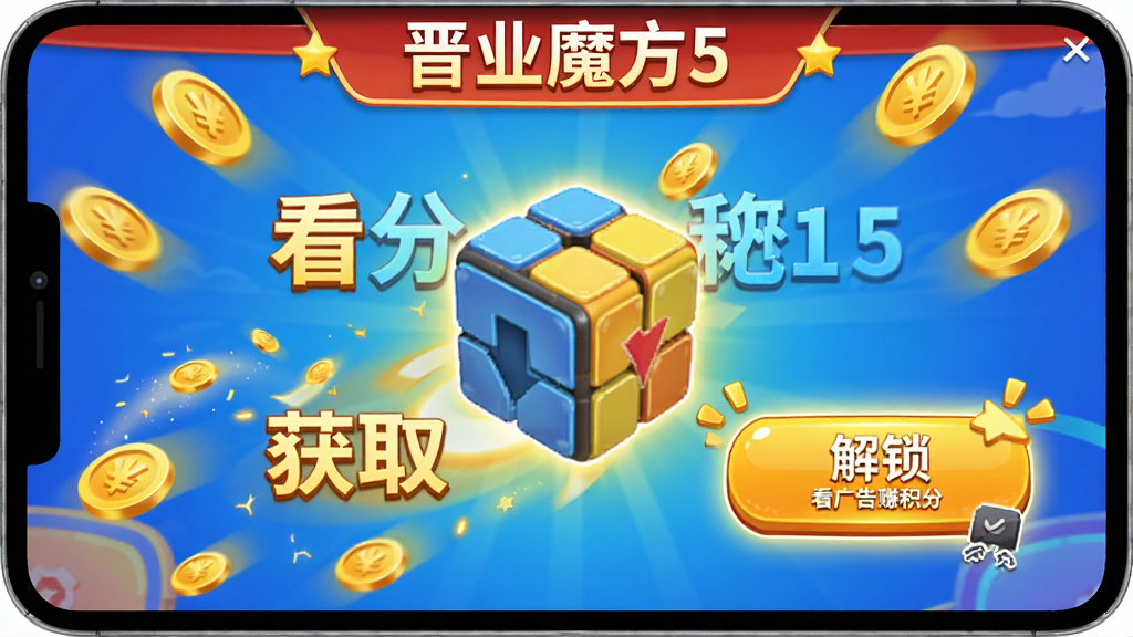 晋业魔方5广告激励界面,展示积分获取动画与解锁按钮,界面带有金币特效,色彩明亮活泼,突出“看广告赚积分”的交互过程,画质高清,无多余元素